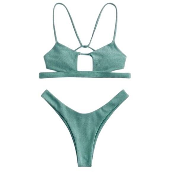 Zaful Women’s Small Bikini Set Green Strappy Cut Out Tie Back Top Thong Bottom - Picture 4 of 9
